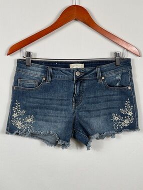 Altar'd State Dark Blue Denim Shorts White Floral Embroidery. Womens Size 28